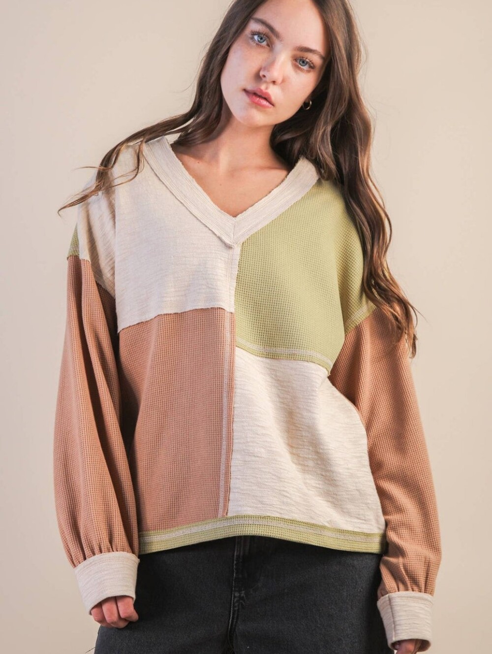 Oversized Boho Color Block Casual Knit V-neck Top Size L
